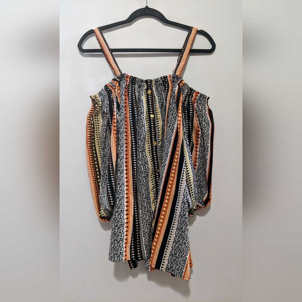 Mileage Abstract Tribal Boho Print Off the Shoulder Long Sleeve Tunic Top 3X